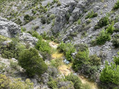 Przun tepesinin eteğindeki engebeli bir kanyonda Bijela voda ya da Bijeli Nehri - Hırvatistan (Rijeka Bijela voda ili Bijeli potok u krsevitom kanjonu podno brda Przun - Hrvatska)