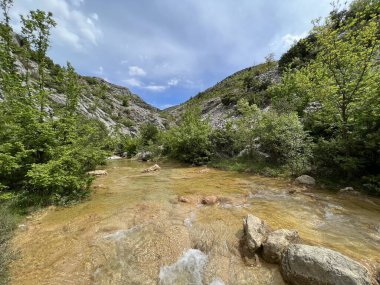Przun tepesinin eteğindeki engebeli bir kanyonda Bijela voda ya da Bijeli Nehri - Hırvatistan (Rijeka Bijela voda ili Bijeli potok u krsevitom kanjonu podno brda Przun - Hrvatska)