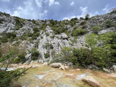 Przun tepesinin eteğindeki engebeli bir kanyonda Bijela voda ya da Bijeli Nehri - Hırvatistan (Rijeka Bijela voda ili Bijeli potok u krsevitom kanjonu podno brda Przun - Hrvatska)