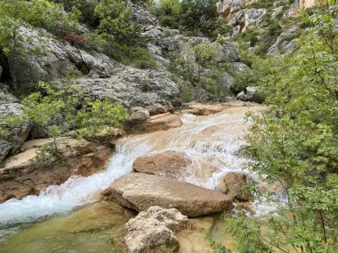 Przun tepesinin eteğindeki engebeli bir kanyonda Bijela voda ya da Bijeli Nehri - Hırvatistan (Rijeka Bijela voda ili Bijeli potok u krsevitom kanjonu podno brda Przun - Hrvatska)