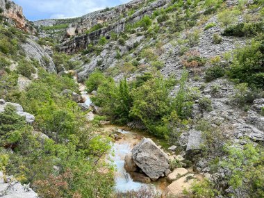 Przun tepesinin eteğindeki engebeli bir kanyonda Bijela voda ya da Bijeli Nehri - Hırvatistan (Rijeka Bijela voda ili Bijeli potok u krsevitom kanjonu podno brda Przun - Hrvatska)