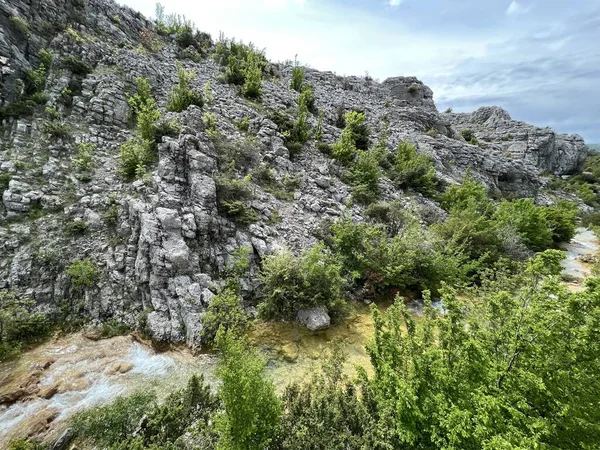 Przun tepesinin eteğindeki engebeli bir kanyonda Bijela voda ya da Bijeli Nehri - Hırvatistan (Rijeka Bijela voda ili Bijeli potok u krsevitom kanjonu podno brda Przun - Hrvatska)