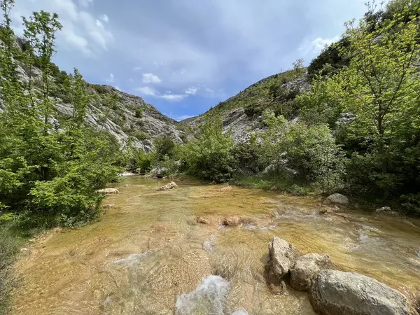 Przun tepesinin eteğindeki engebeli bir kanyonda Bijela voda ya da Bijeli Nehri - Hırvatistan (Rijeka Bijela voda ili Bijeli potok u krsevitom kanjonu podno brda Przun - Hrvatska)