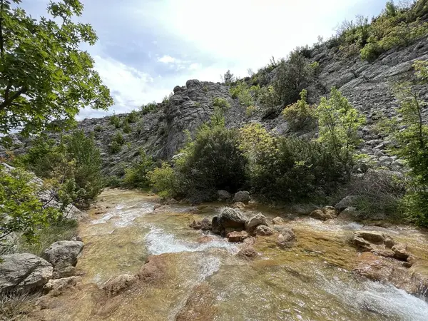 Przun tepesinin eteğindeki engebeli bir kanyonda Bijela voda ya da Bijeli Nehri - Hırvatistan (Rijeka Bijela voda ili Bijeli potok u krsevitom kanjonu podno brda Przun - Hrvatska)
