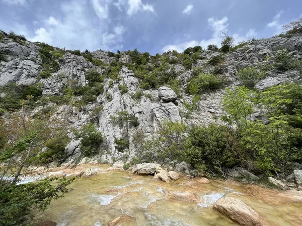 Przun tepesinin eteğindeki engebeli bir kanyonda Bijela voda ya da Bijeli Nehri - Hırvatistan (Rijeka Bijela voda ili Bijeli potok u krsevitom kanjonu podno brda Przun - Hrvatska)