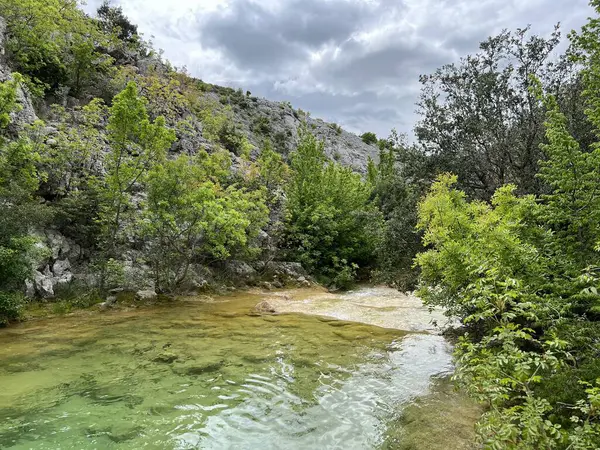 Przun tepesinin eteğindeki engebeli bir kanyonda Bijela voda ya da Bijeli Nehri - Hırvatistan (Rijeka Bijela voda ili Bijeli potok u krsevitom kanjonu podno brda Przun - Hrvatska)