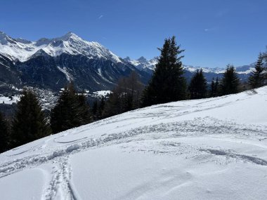 Wonderful winter hiking trails and traces after the winter snowfall above the tourist resorts of Valbella and Lenzerheide in the Swiss Alps - Canton of Grisons, Switzerland (Schweiz)