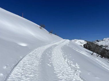 Wonderful winter hiking trails and traces after the winter snowfall above the tourist resorts of Valbella and Lenzerheide in the Swiss Alps - Canton of Grisons, Switzerland (Schweiz)