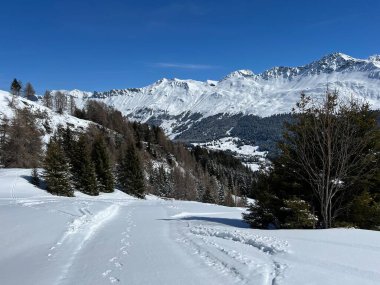 İsviçre Alpleri 'ndeki Valbella ve Lenzerheide dağlık tatil beldelerinde bir peri masalı kış atmosferi ve muhteşem bir manzara - İsviçre Grisons Kantonu, İsviçre (Kanton Graubuenden, Schweiz)