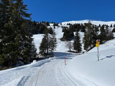 İsviçre Alpleri 'ndeki Valbella ve Lenzerheide tatil beldelerinin üstündeki sakin kış atmosferinde gezinme işaretleri ve yön işaretleri - İsviçre' nin Grison Kantonu, İsviçre (Kanton Graubuenden, Schweiz)