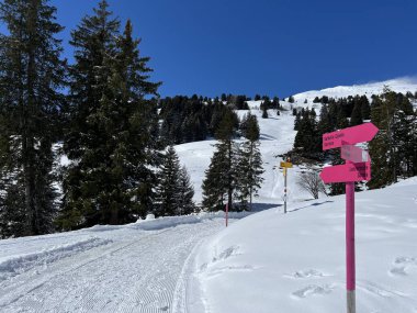 İsviçre Alpleri 'ndeki Valbella ve Lenzerheide tatil beldelerinin üstündeki sakin kış atmosferinde gezinme işaretleri ve yön işaretleri - İsviçre' nin Grison Kantonu, İsviçre (Kanton Graubuenden, Schweiz)