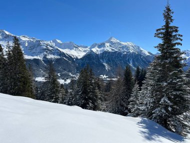 İsviçre 'nin Valbella ve İsviçre Alpleri' ndeki Lenzerheide tatil beldelerinin üzerindeki güzel güneş ışığı ve karlı alp zirveleri - Kanton Grisonlar Kantonu, İsviçre (Kanton Graubuenden, Schweiz)