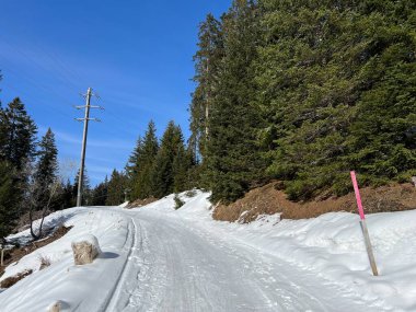 İsviçre Alpleri 'ndeki dağlık İsviçre turisti Valbella ve Lenzerheide' nin tepelerindeki karlı yamaçlarda güneş ışığı ve gölgenin büyülü oyunu - İsviçre 'nin Grison Kantonu, İsviçre (Kanton Graubuenden, Schweiz)
