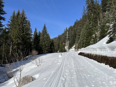 İsviçre Alpleri 'ndeki dağlık İsviçre turisti Valbella ve Lenzerheide' nin tepelerindeki karlı yamaçlarda güneş ışığı ve gölgenin büyülü oyunu - İsviçre 'nin Grison Kantonu, İsviçre (Kanton Graubuenden, Schweiz)