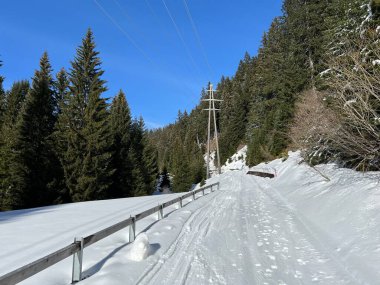 İsviçre Alpleri 'ndeki dağlık İsviçre turisti Valbella ve Lenzerheide' nin tepelerindeki karlı yamaçlarda güneş ışığı ve gölgenin büyülü oyunu - İsviçre 'nin Grison Kantonu, İsviçre (Kanton Graubuenden, Schweiz)