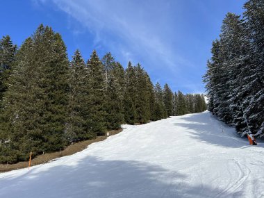 İsviçre Alpleri 'ndeki dağlık İsviçre turisti Valbella ve Lenzerheide' nin tepelerindeki karlı yamaçlarda güneş ışığı ve gölgenin büyülü oyunu - İsviçre 'nin Grison Kantonu, İsviçre (Kanton Graubuenden, Schweiz)