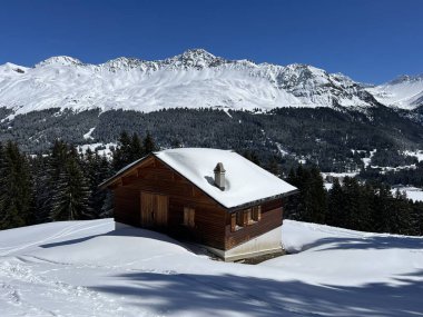 İsviçre Alpleri 'ndeki Valbella ve Lenzerheide tatil beldelerinin kış ortamlarında eski İsviçre kırsal mimarisi ve alp çiftlik hayvanları çiftlikleri - İsviçre Grison Kantonu, İsviçre (Kanton Graubuenden, Schweiz)