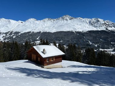 İsviçre Alpleri 'ndeki Valbella ve Lenzerheide tatil beldelerinin kış ortamlarında eski İsviçre kırsal mimarisi ve alp çiftlik hayvanları çiftlikleri - İsviçre Grison Kantonu, İsviçre (Kanton Graubuenden, Schweiz)
