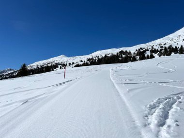 İsviçre Alplerindeki Valbella ve Lenzerheide (Kanton Graubuenden, Schweiz) tatil beldeleri bölgesinde yürüyüş, yürüyüş, yürüyüş, spor ve dinlenme için mükemmel bir şekilde düzenlenmiş ve temizlenmiş kış patikaları.)