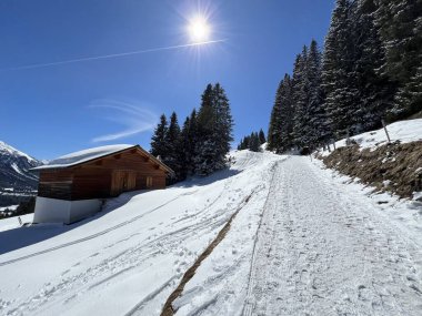 İsviçre Alpleri 'ndeki Valbella ve Lenzerheide tatil beldeleri bölgesinde yürüyüş, yürüyüş, yürüyüş, spor ve dinlenme için mükemmel bir şekilde düzenlenmiş ve temizlenmiş kış patikaları - İsviçre Grison Kantonu, İsviçre (Kanton Graubuenden, Schweiz)