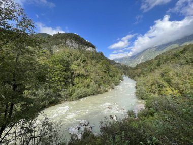 Yaz ve yüksek su seviyesi (Kobard, Slovenya) - Fluss Soca mit umliegenden Waeldern im Sommer und bei hohem Wasserstand (Slowenien))