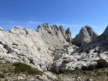 Tulove 'un Rocky sırtı veya Tulovice' nin karst dağı zirvesi - Velebit Doğa Parkı, Hırvatistan (Stjenoviti greben Tulove Grede ili krski planinski vrh Tulovice - Park Velebit, Hrvatska)