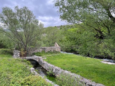 Krupa Nehri ve aynı adı taşıyan (Velebit Doğa Parkı, Hırvatistan) köyündeki baharın eteğindeki rotası - Rijeka Krupa i njezin tok podno izvora u istoimenom naselju (Park prirode Velebit, Hrvatska)