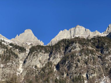 Walensee Gölü ve İsviçre 'nin Walenstadtberg kasabası (Die Steilen Felsgipfel der Churfirst stengruppe des Walensee, Schweiz) üzerindeki Churfirsten dağ sırasının dik kayalıkları.)