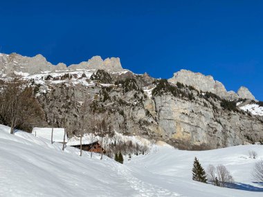 Walensee Gölü ve İsviçre 'nin Walenstadtberg kasabası (Die Steilen Felsgipfel der Churfirst stengruppe des Walensee, Schweiz) üzerindeki Churfirsten dağ sırasının dik kayalıkları.)