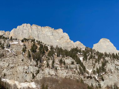 Walensee Gölü ve İsviçre 'nin Walenstadtberg kasabası (Die Steilen Felsgipfel der Churfirst stengruppe des Walensee, Schweiz) üzerindeki Churfirsten dağ sırasının dik kayalıkları.)