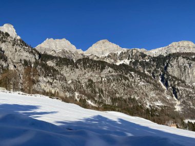 Walensee Gölü ve İsviçre 'nin Walenstadtberg kasabası (Die Steilen Felsgipfel der Churfirst stengruppe des Walensee, Schweiz) üzerindeki Churfirsten dağ sırasının dik kayalıkları.)