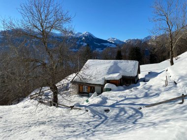 Eski İsviçre kırsal mimarisi ve alp çiftlik çiftlikleri Walen Gölü veya Walenstadt Gölü (Walensee) ve İsviçre Alpleri, Walenstadtberg - İsviçre (Schweiz)