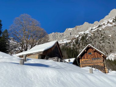 Eski İsviçre kırsal mimarisi ve alp çiftlik çiftlikleri Walen Gölü veya Walenstadt Gölü (Walensee) ve İsviçre Alpleri, Walenstadtberg - İsviçre (Schweiz)