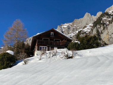 Eski İsviçre kırsal mimarisi ve alp çiftlik çiftlikleri Walen Gölü veya Walenstadt Gölü (Walensee) ve İsviçre Alpleri, Walenstadtberg - İsviçre (Schweiz)
