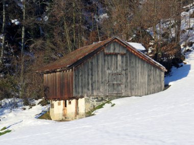 Eski İsviçre kırsal mimarisi ve alp çiftlik çiftlikleri Walen Gölü veya Walenstadt Gölü (Walensee) ve İsviçre Alpleri, Walenstadtberg - İsviçre (Schweiz)