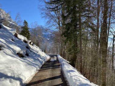 Walen Gölü veya Walenstadt Gölü (Walensee) ve İsviçre Alpleri 'nde (Walenstadtberg) kırsal alp yolu boyunca uzanan kar yağışı - İsviçre' nin St. Gallen Kantonu (Schweiz)