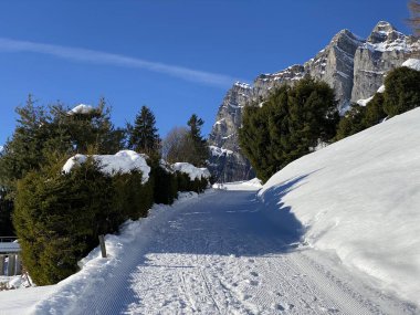 Walen Gölü veya Walenstadt Gölü (Walensee) ve İsviçre Alpleri 'nde (Walenstadtberg) kırsal alp yolu boyunca uzanan kar yağışı - İsviçre' nin St. Gallen Kantonu (Schweiz)
