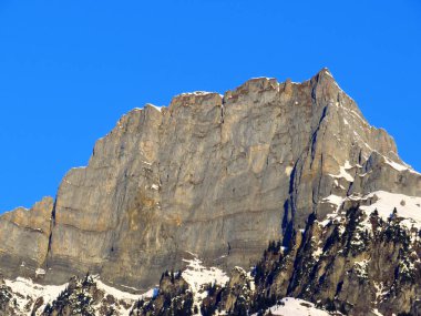 Walensee Gölü ve İsviçre 'nin Walenstadtberg kasabası (Die Steilen Felsgipfel der Churfirst stengruppe des Walensee, Schweiz) üzerindeki Churfirsten dağ sırasının dik kayalıkları.)