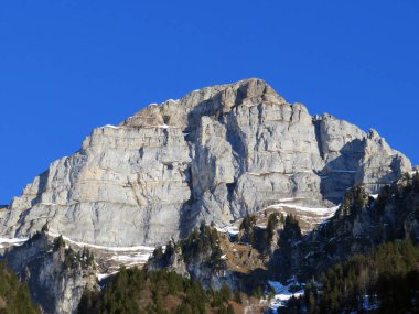 Walensee Gölü ve İsviçre 'nin Walenstadtberg kasabası (Die Steilen Felsgipfel der Churfirst stengruppe des Walensee, Schweiz) üzerindeki Churfirsten dağ sırasının dik kayalıkları.)