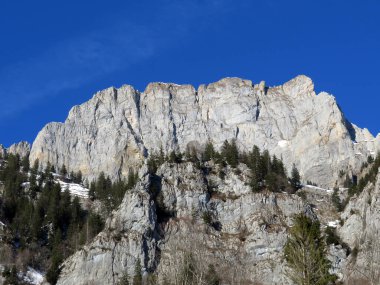 Walensee Gölü ve İsviçre 'nin Walenstadtberg kasabası (Die Steilen Felsgipfel der Churfirst stengruppe des Walensee, Schweiz) üzerindeki Churfirsten dağ sırasının dik kayalıkları.)