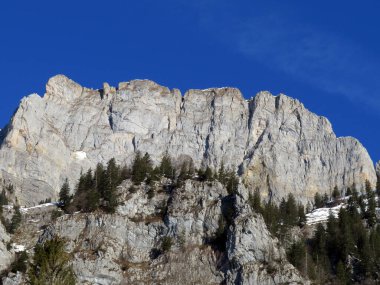 Walensee Gölü ve İsviçre 'nin Walenstadtberg kasabası (Die Steilen Felsgipfel der Churfirst stengruppe des Walensee, Schweiz) üzerindeki Churfirsten dağ sırasının dik kayalıkları.)