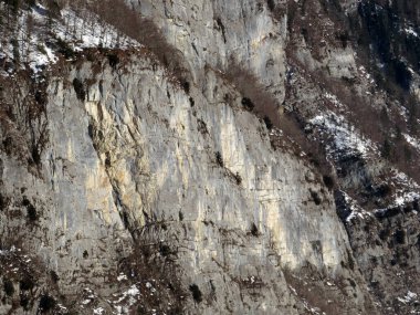 Walensee Gölü ve İsviçre 'nin Walenstadtberg kasabası (Die Steilen Felsgipfel der Churfirst stengruppe des Walensee, Schweiz) üzerindeki Churfirsten dağ sırasının dik kayalıkları.)