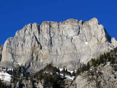 Walensee Gölü ve İsviçre 'nin Walenstadtberg kasabası (Die Steilen Felsgipfel der Churfirst stengruppe des Walensee, Schweiz) üzerindeki Churfirsten dağ sırasının dik kayalıkları.)