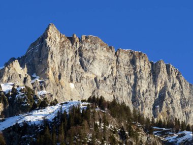 Walensee Gölü ve İsviçre 'nin Walenstadtberg kasabası (Die Steilen Felsgipfel der Churfirst stengruppe des Walensee, Schweiz) üzerindeki Churfirsten dağ sırasının dik kayalıkları.)