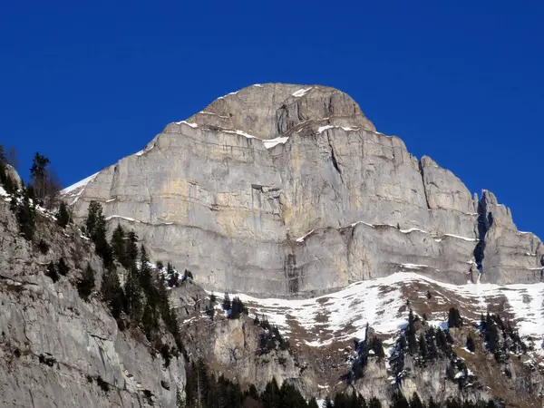 Walensee Gölü ve İsviçre 'nin Walenstadtberg kasabası (Die Steilen Felsgipfel der Churfirst stengruppe des Walensee, Schweiz) üzerindeki Churfirsten dağ sırasının dik kayalıkları.)