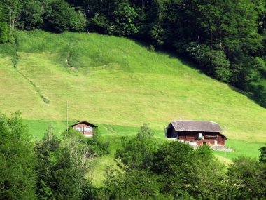 Lungern Gölü kıyısındaki geleneksel kırsal mimari ve aile çiftlik hayvanları çiftlikleri - İsviçre 'nin Obwald Kantonu (Geleneksel Architektur am Ufer des Lungernsees - Schweiz)