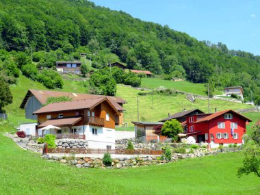 Lungern Gölü kıyısındaki geleneksel kırsal mimari ve aile çiftlik hayvanları çiftlikleri - İsviçre 'nin Obwald Kantonu (Geleneksel Architektur am Ufer des Lungernsees - Schweiz)