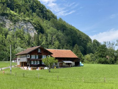 Lungern Gölü kıyısındaki geleneksel kırsal mimari ve aile çiftlik hayvanları çiftlikleri - İsviçre 'nin Obwald Kantonu (Geleneksel Architektur am Ufer des Lungernsees - Schweiz)