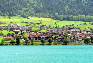 Lungernsee Gölü veya Lungernsee Gölü kıyısındaki tarım ve turistik yerleşim birimi - Obwalden Kantonu, İsviçre (Naturstausee Lungernsee oder Lungerensee)