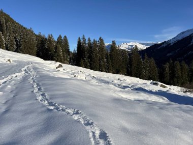 İsviçre Alpleri 'nin taze dağlık kar örtüsünde ve İsviçre' nin Grisonlar Kantonu (Kanton Graubuenden, Schweiz)